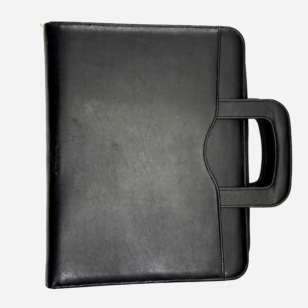 VTG 90s Day-Timer Leather 3 Ring Planner Folio Briefcase Hideaway‎ Handles Black